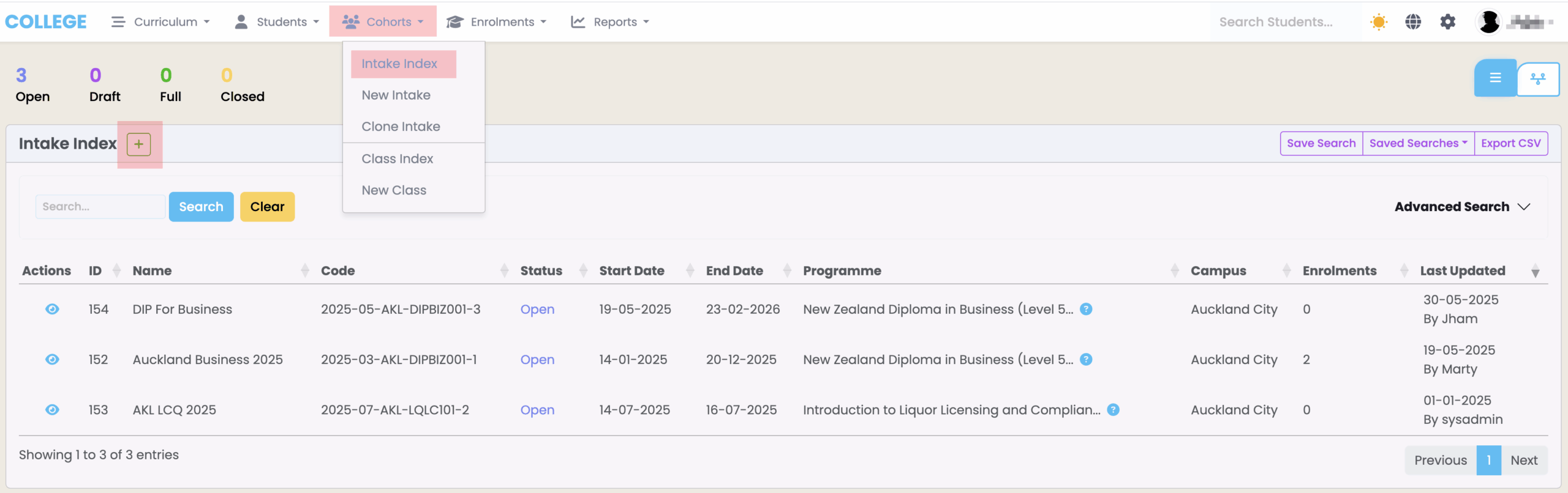 Intake Index Intake Creation