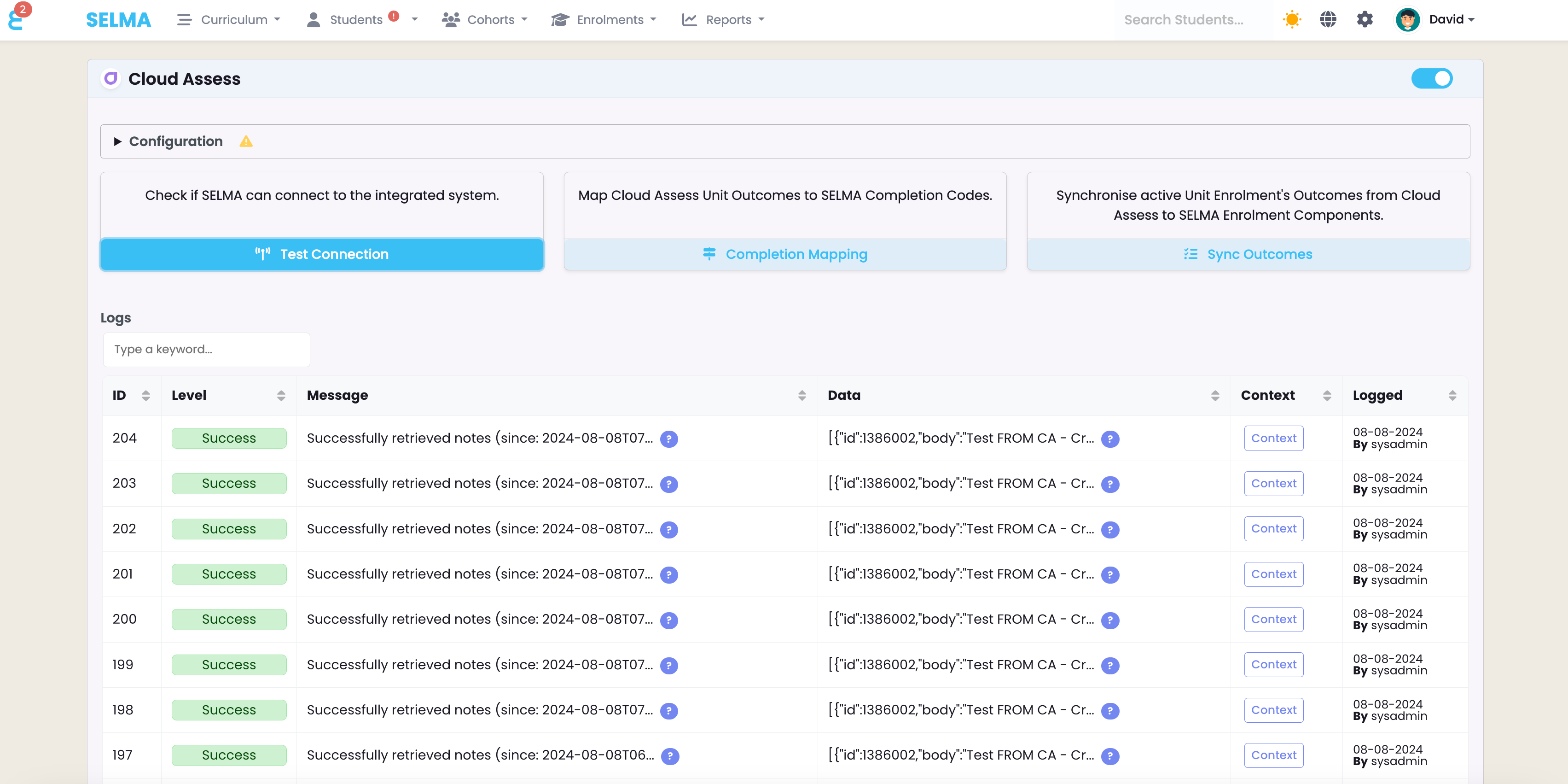 Configuration screen showing log and options