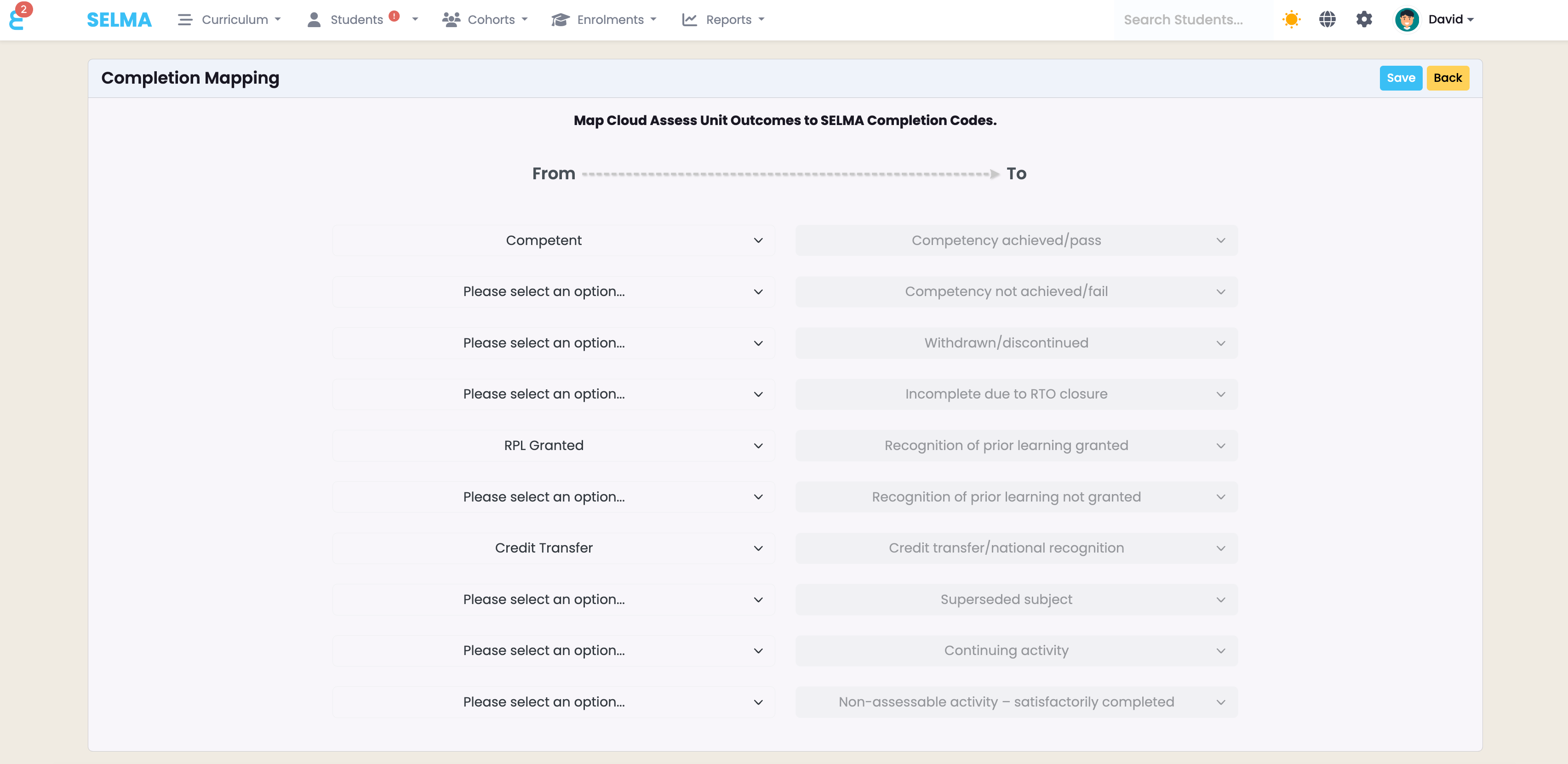 Outcome mapping screen