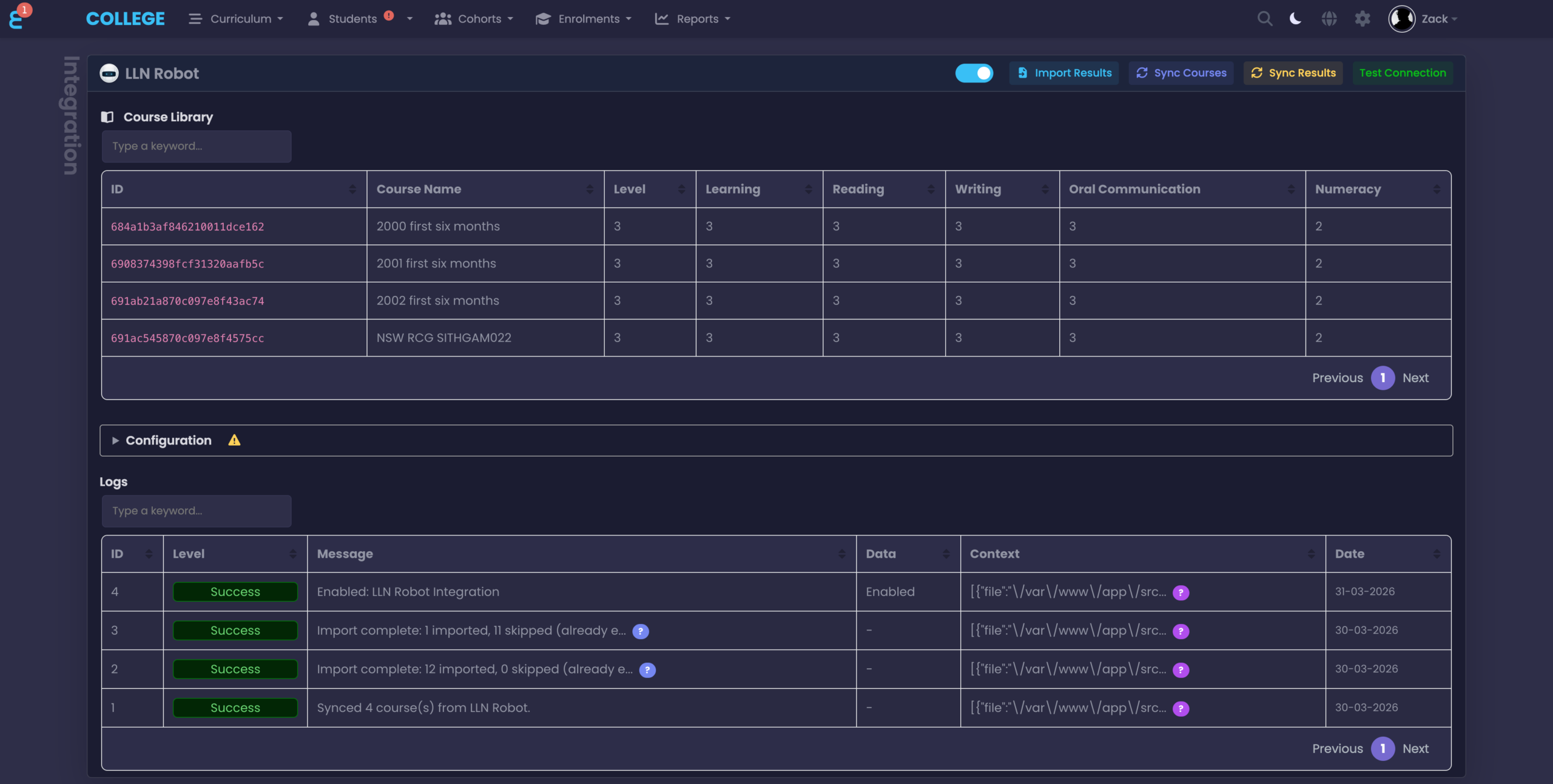 LLN Robot configuration page with course library and logs