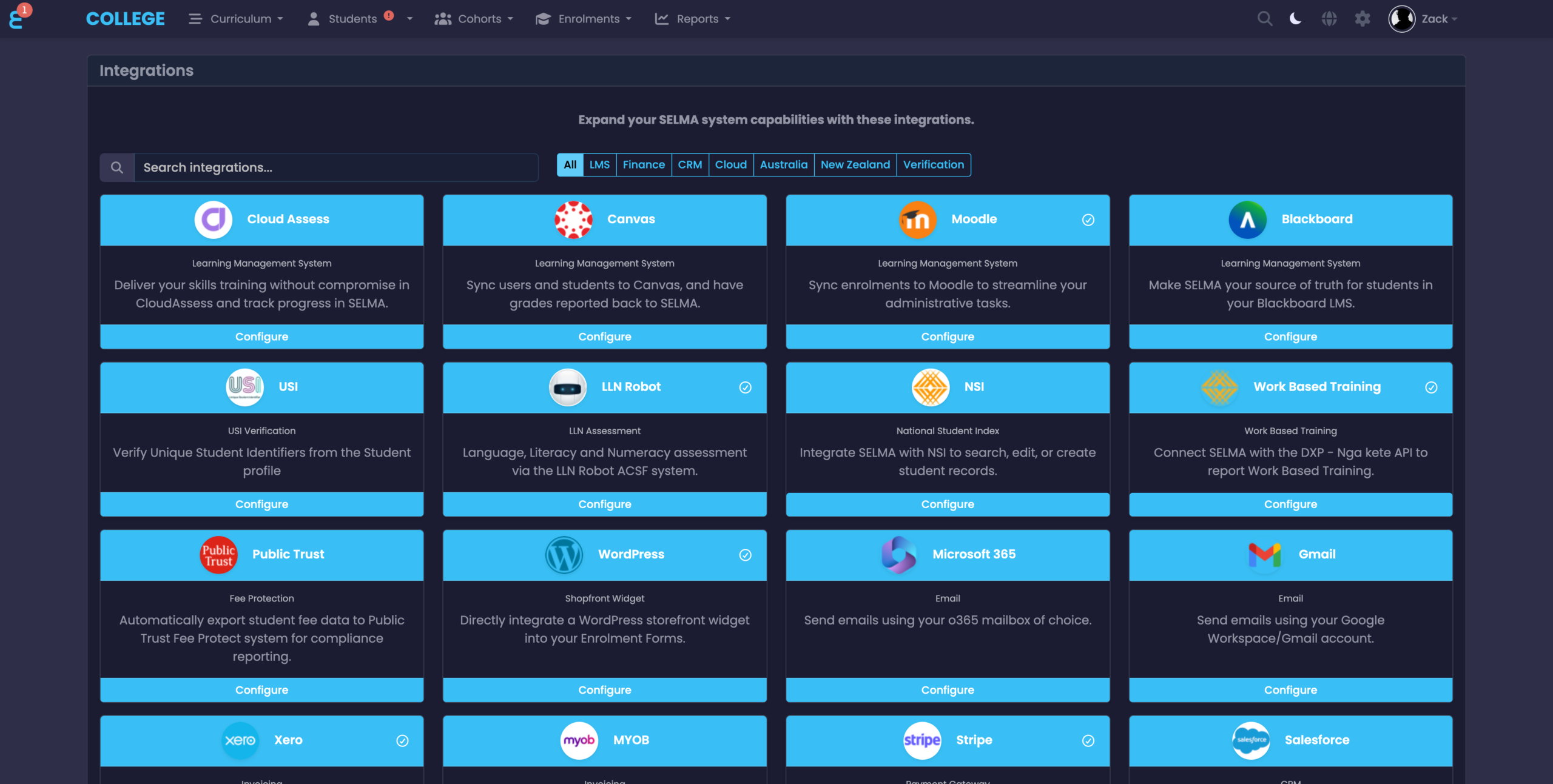 SELMA Integrations page showing the LLN Robot card