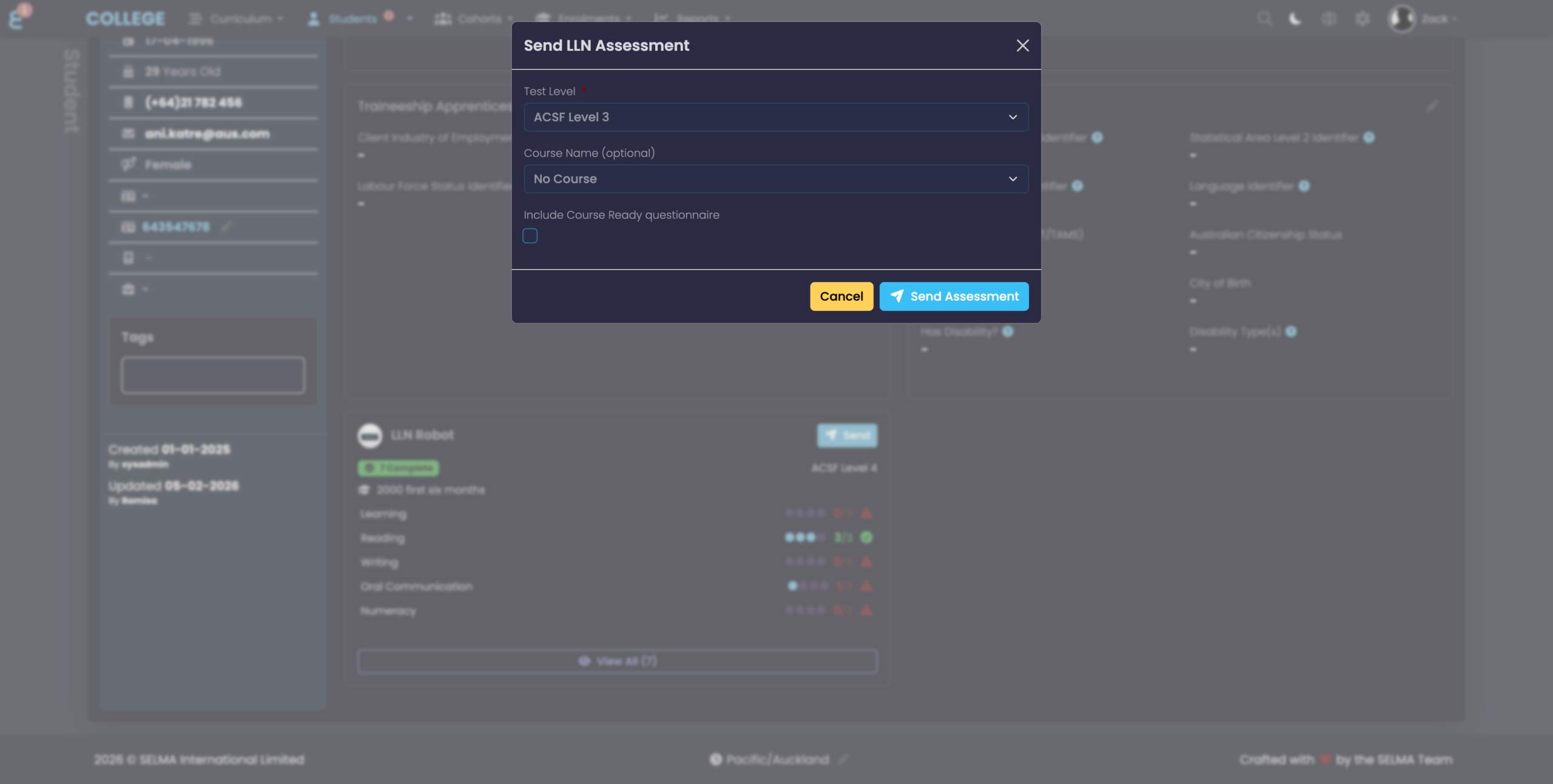 Send LLN Assessment modal with test level and course selection
