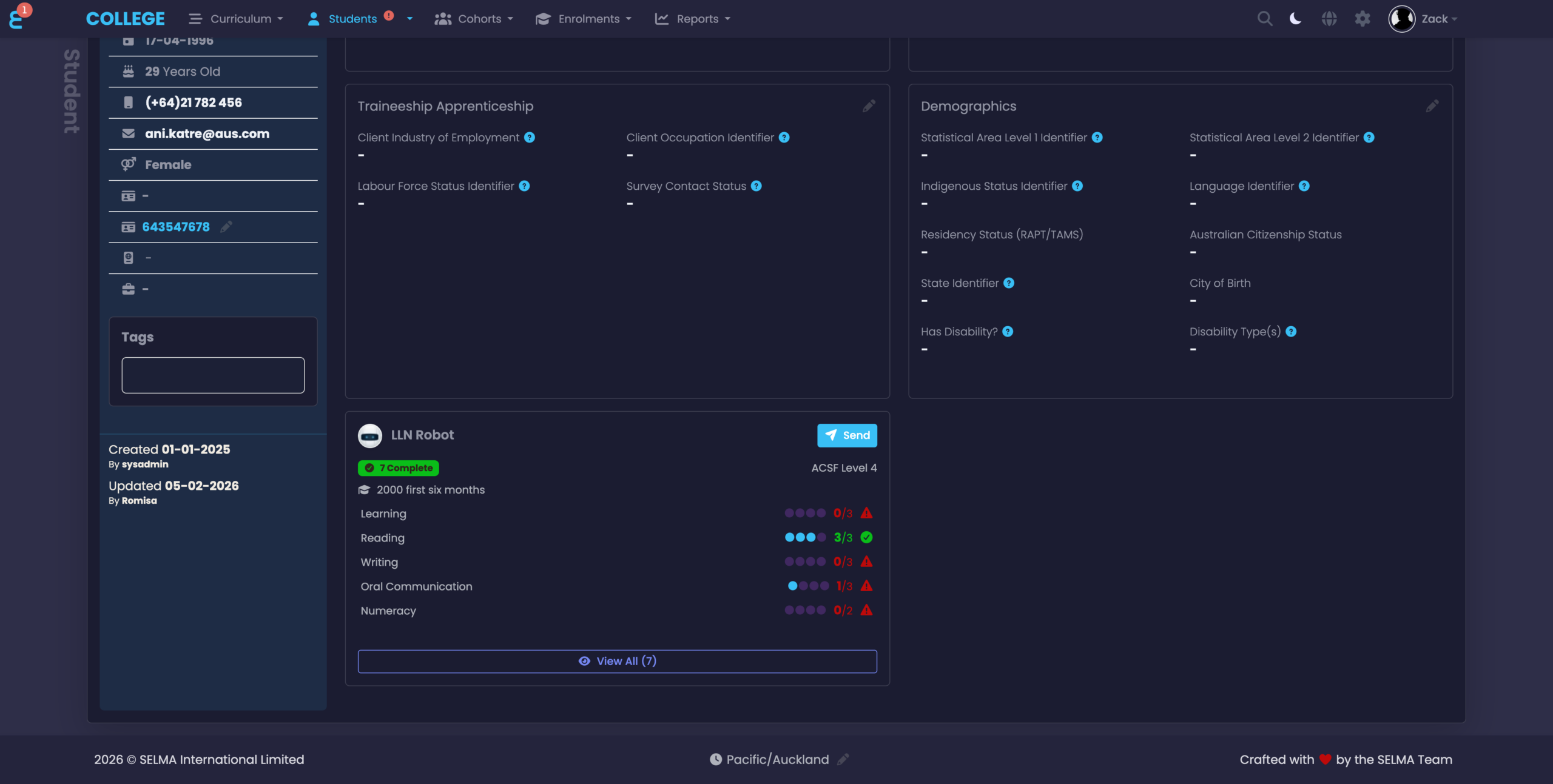 LLN Robot student card showing ACSF scores with gap analysis