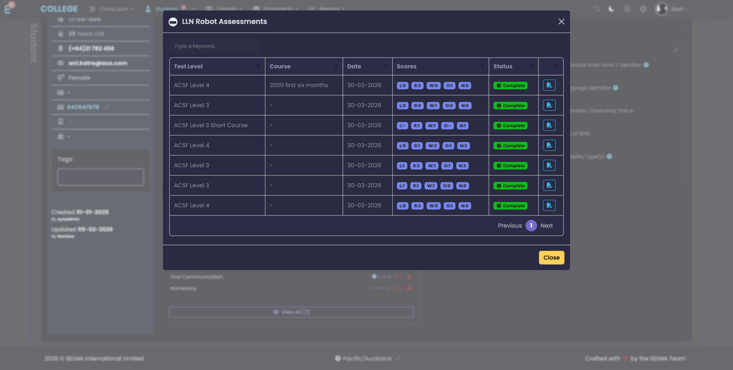 LLN Robot Assessments modal showing full assessment history