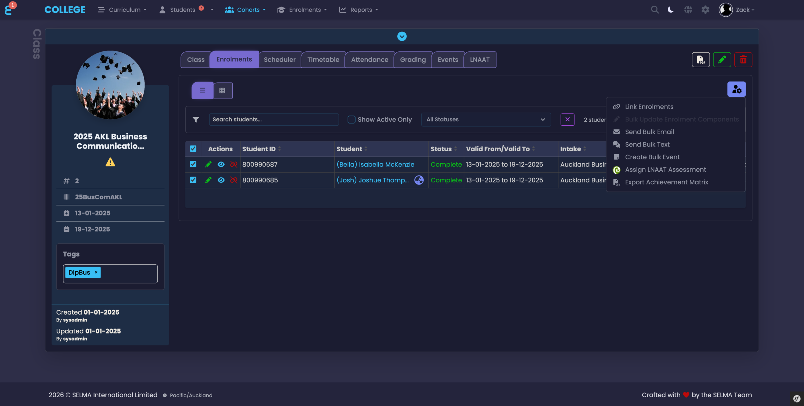 Class Enrolments tab with Actions dropdown open, highlighting Assign LNAAT Assessment