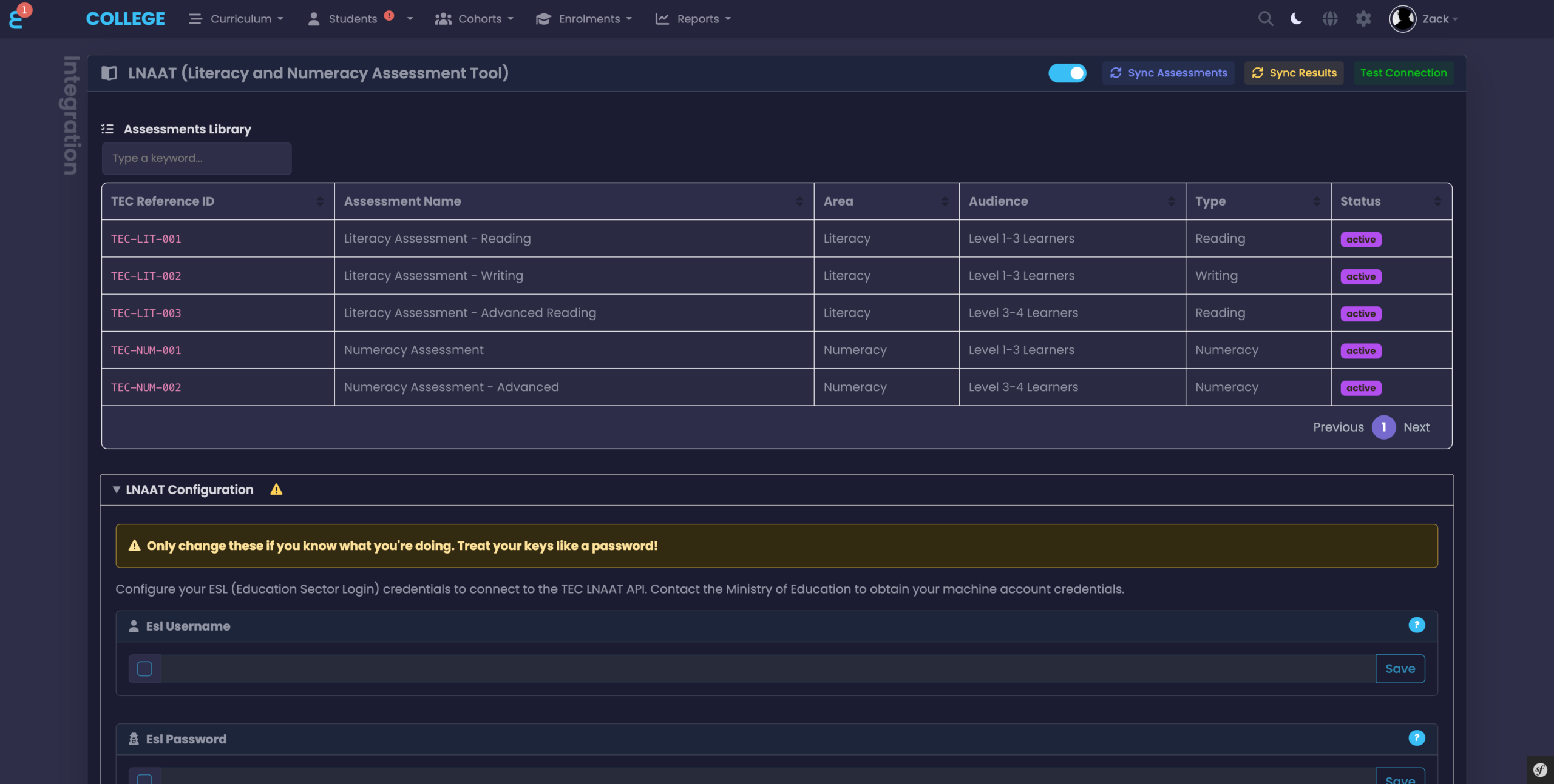 LNAAT Configuration section expanded showing ESL Username and Password fields
