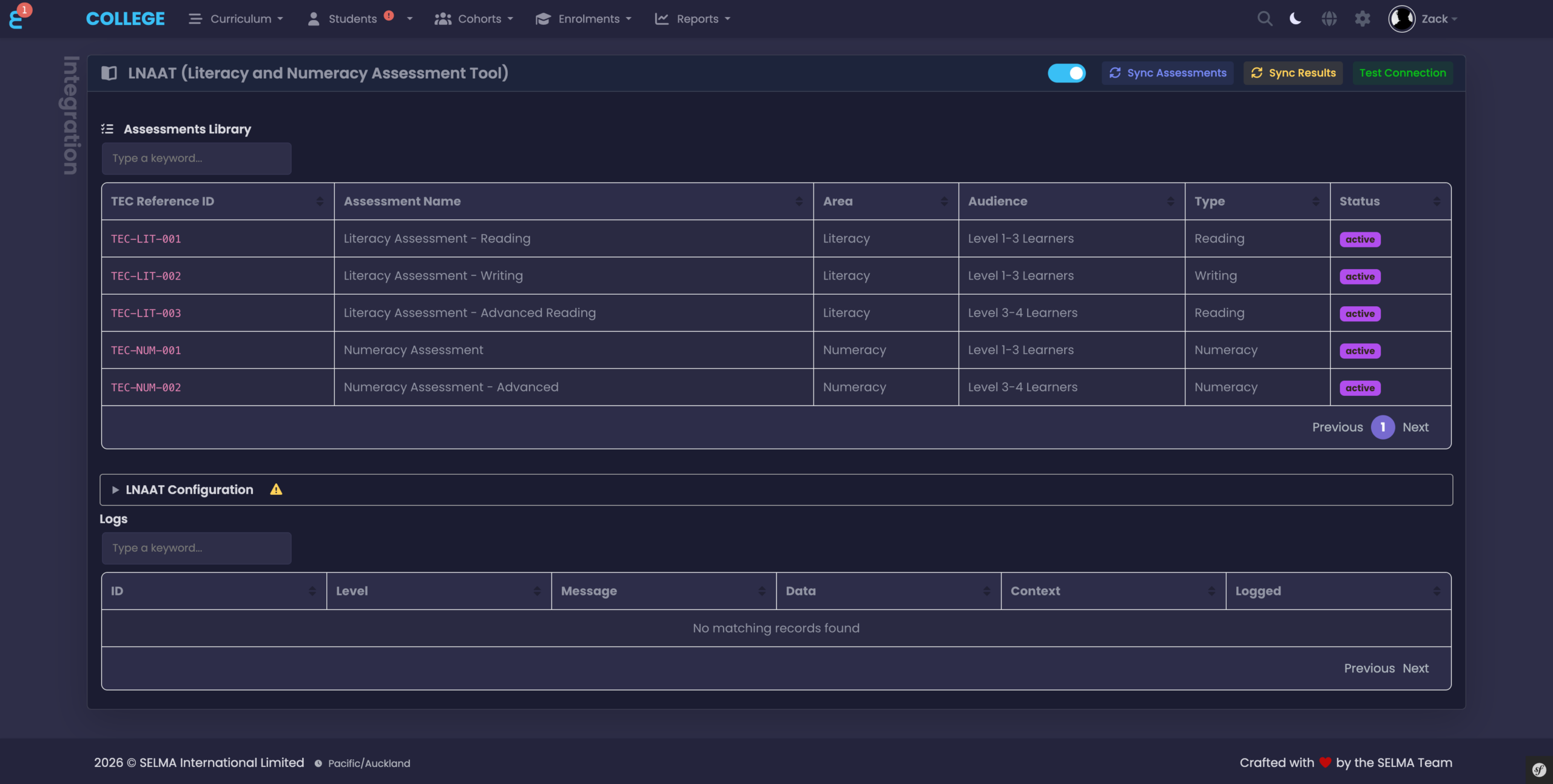 LNAAT integration admin page showing the Assessments Library and action buttons