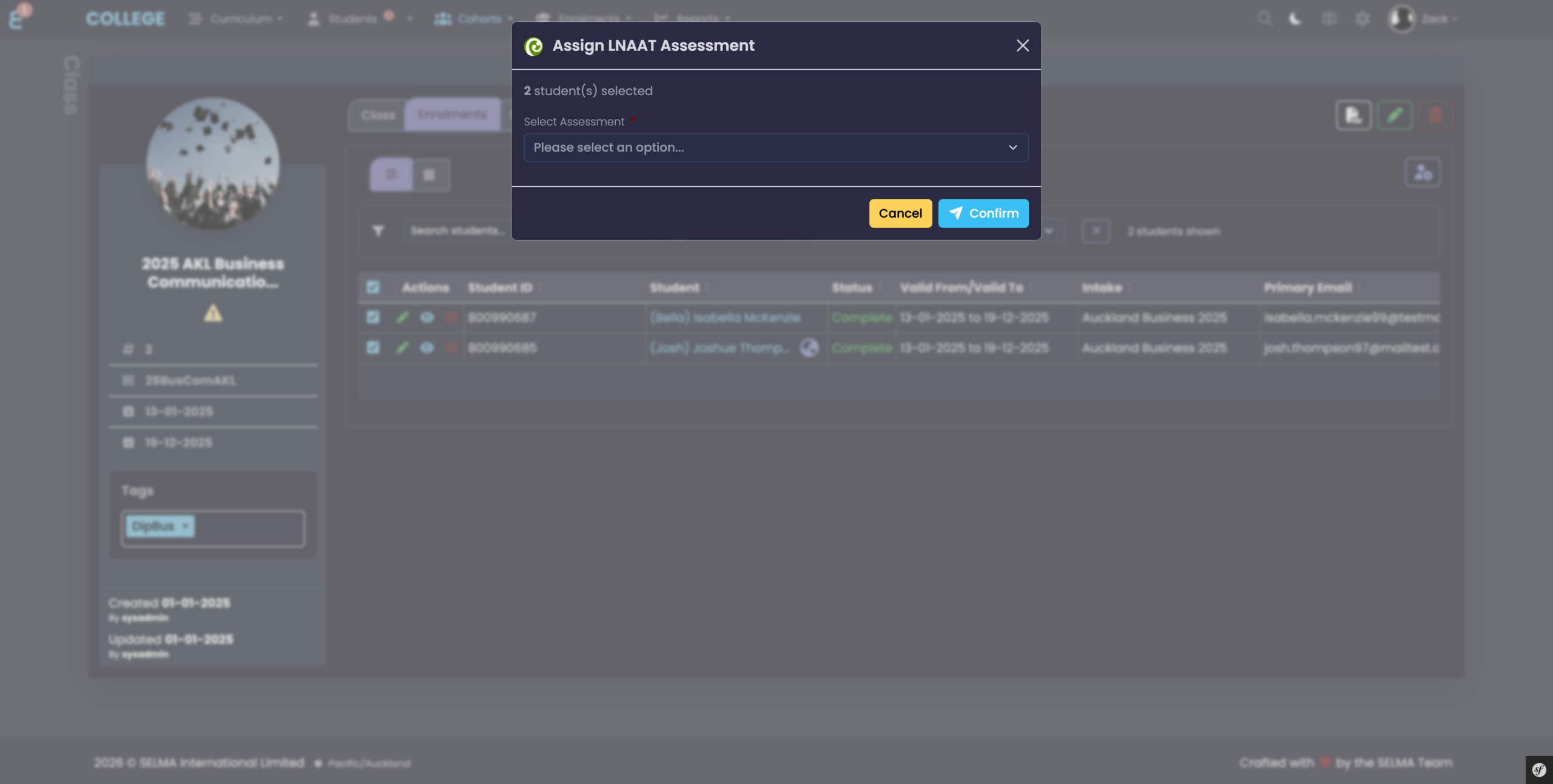 Assign LNAAT Assessment modal showing 2 students selected and assessment dropdown