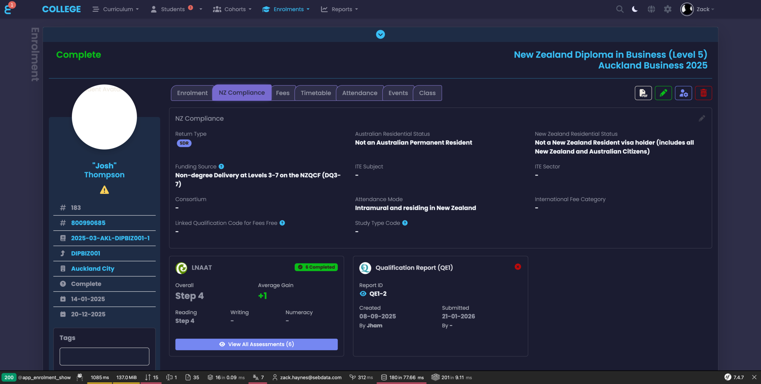 Enrolment NZ Compliance tab showing the LNAAT card with Overall Step 4 and View All Assessments button
