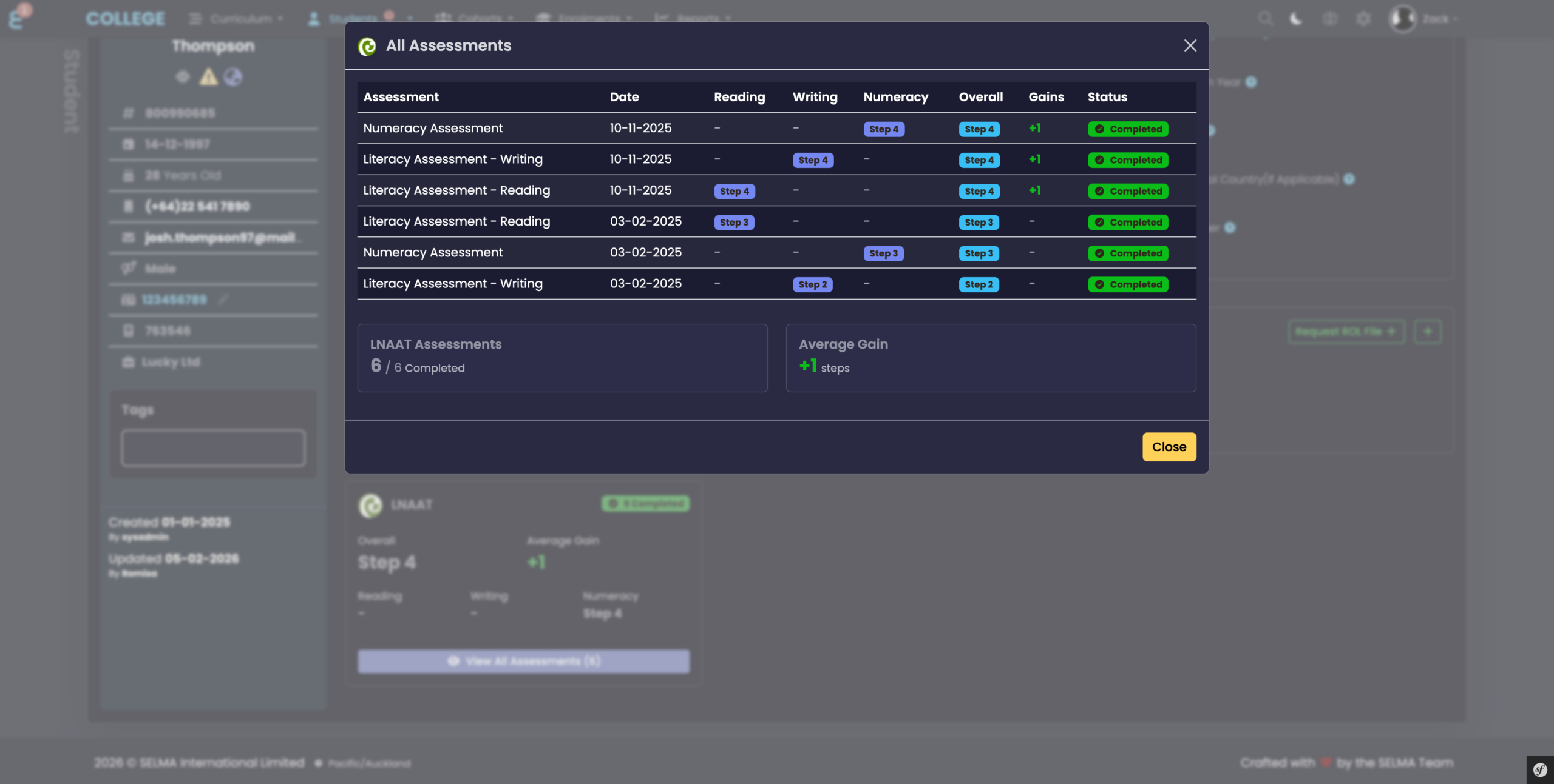 All Assessments modal showing 6 assessments with Reading, Writing, Numeracy levels and gains