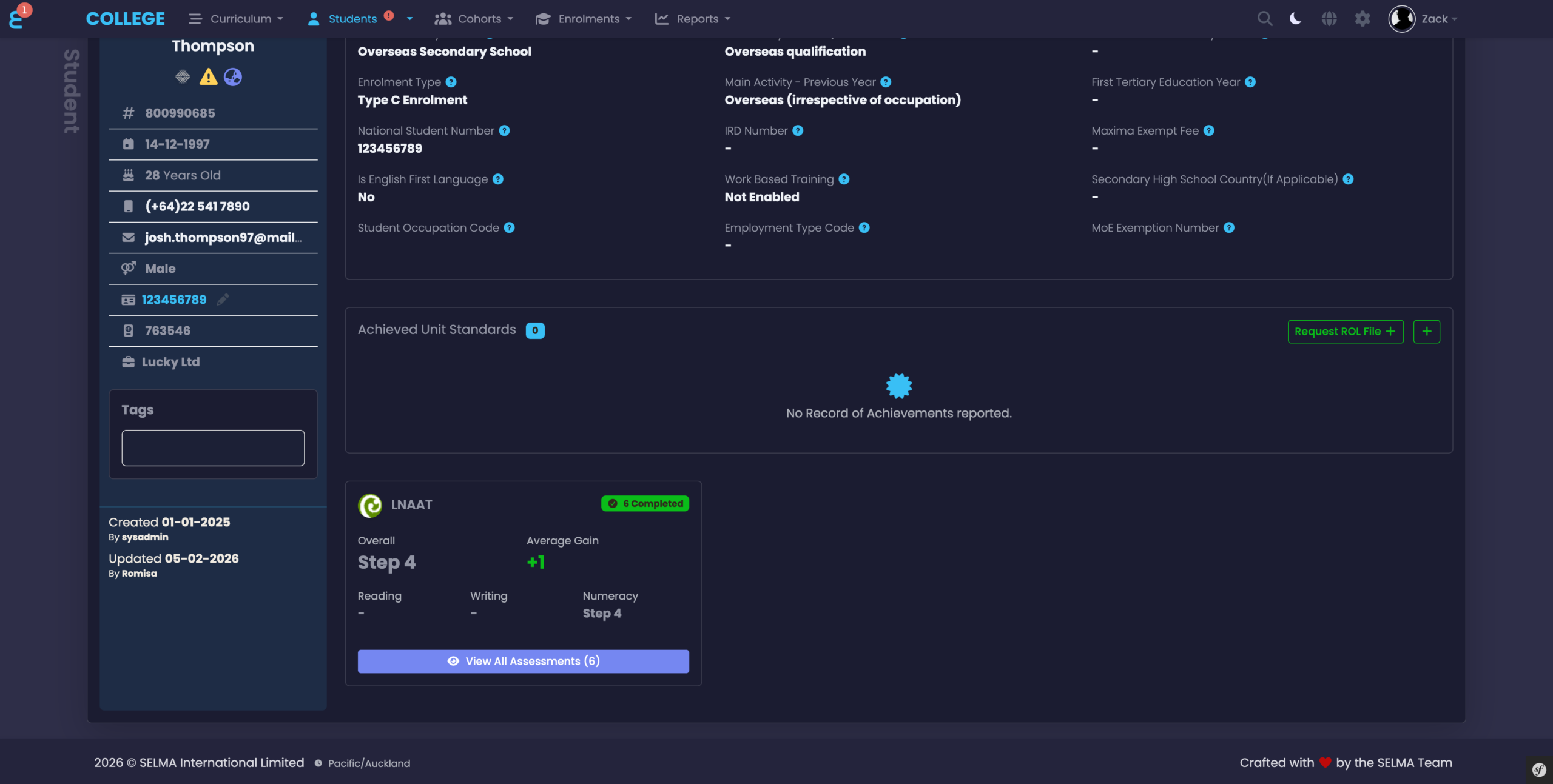 Student NZ Compliance tab showing the LNAAT card with Overall Step 4, Average Gain +1