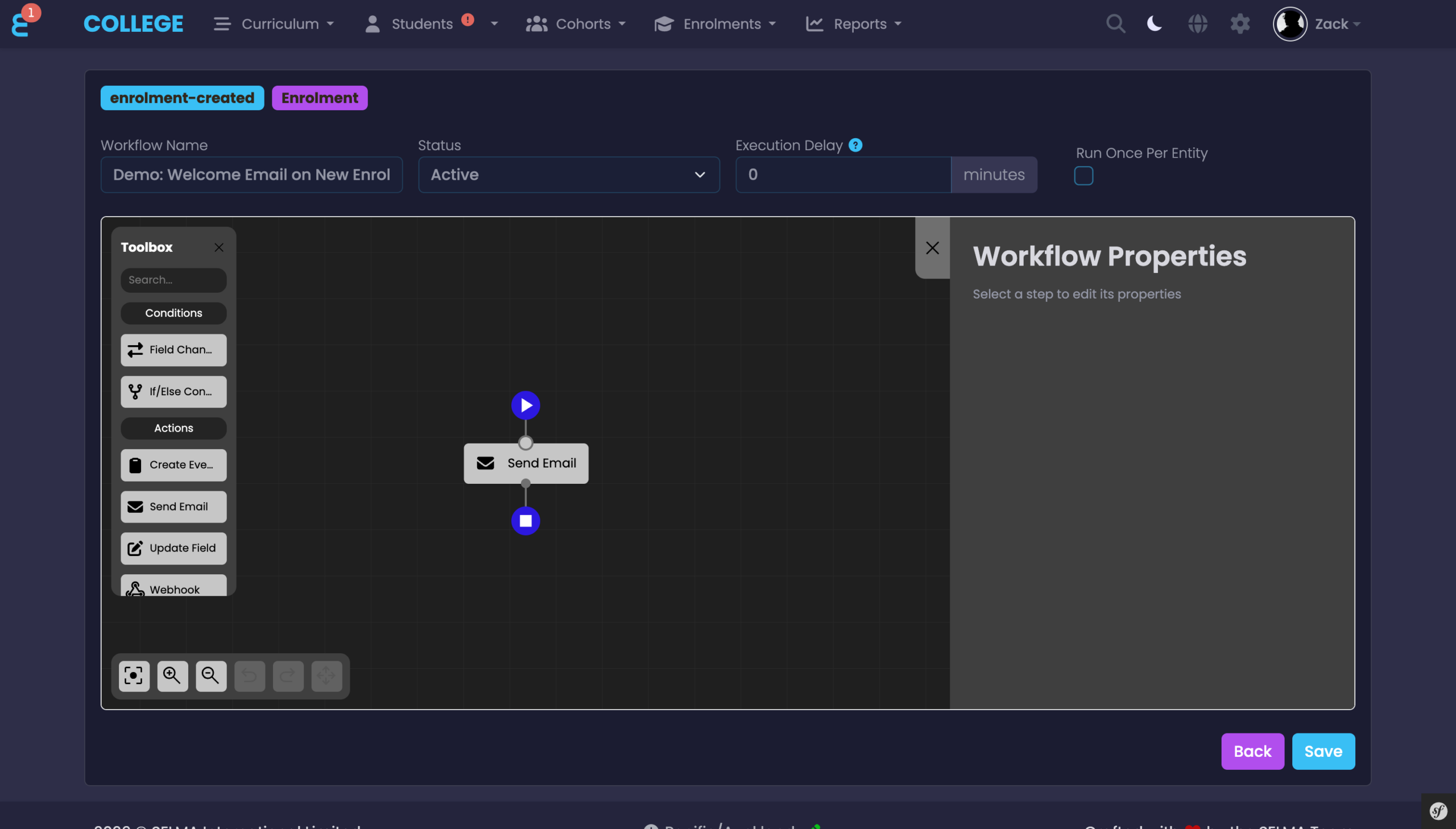 Workflow designer canvas showing the toolbox, flow diagram, and properties panel
