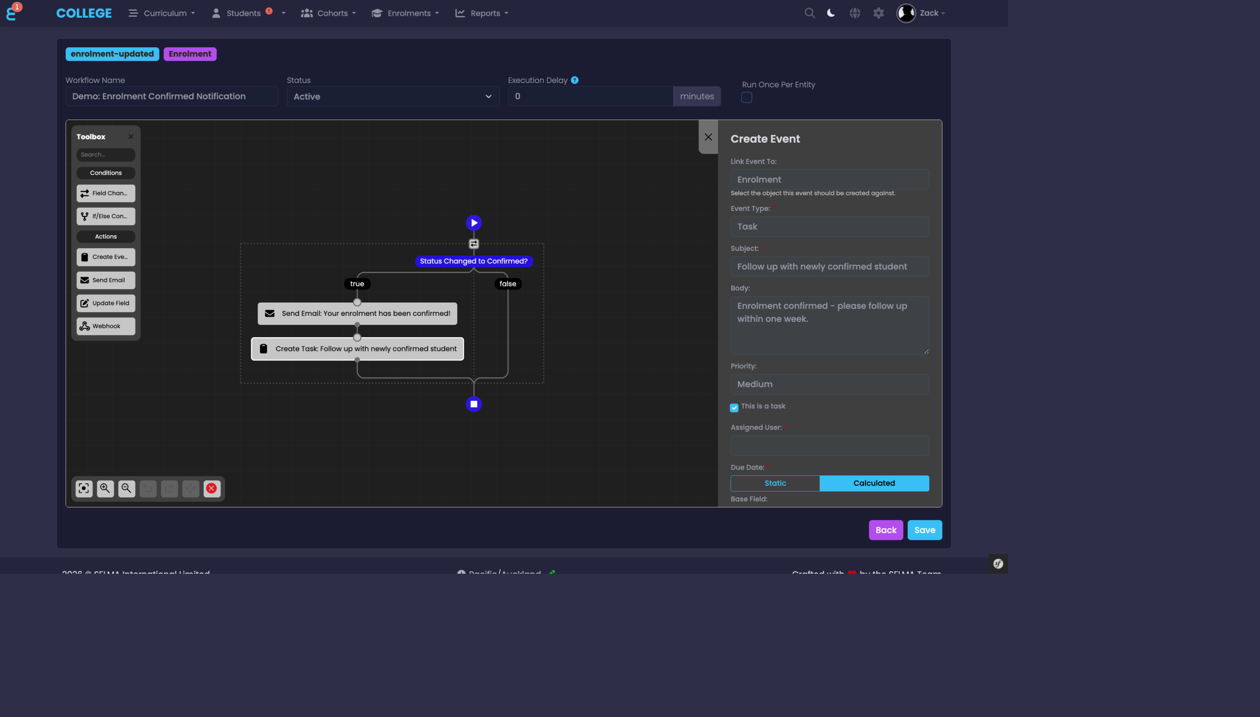 Create Event action properties showing event type, subject, body, priority, assigned user, and due date configuration