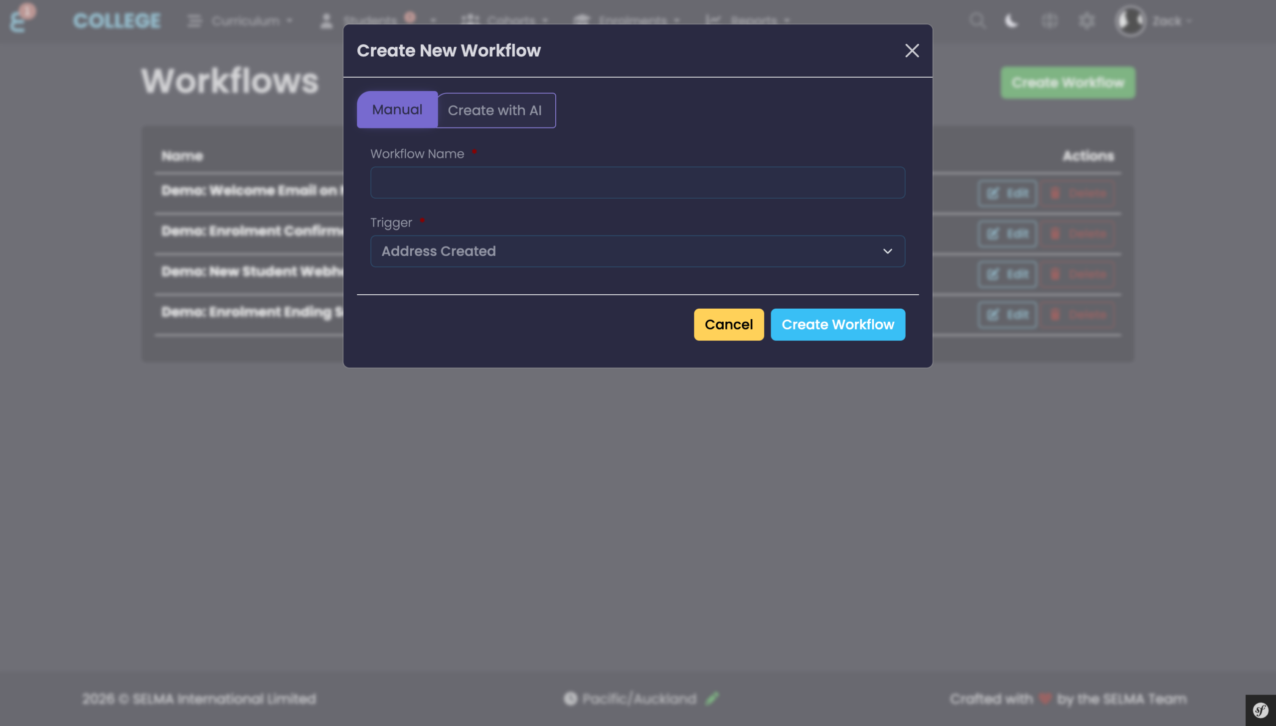 Create New Workflow modal with Workflow Name and Trigger fields
