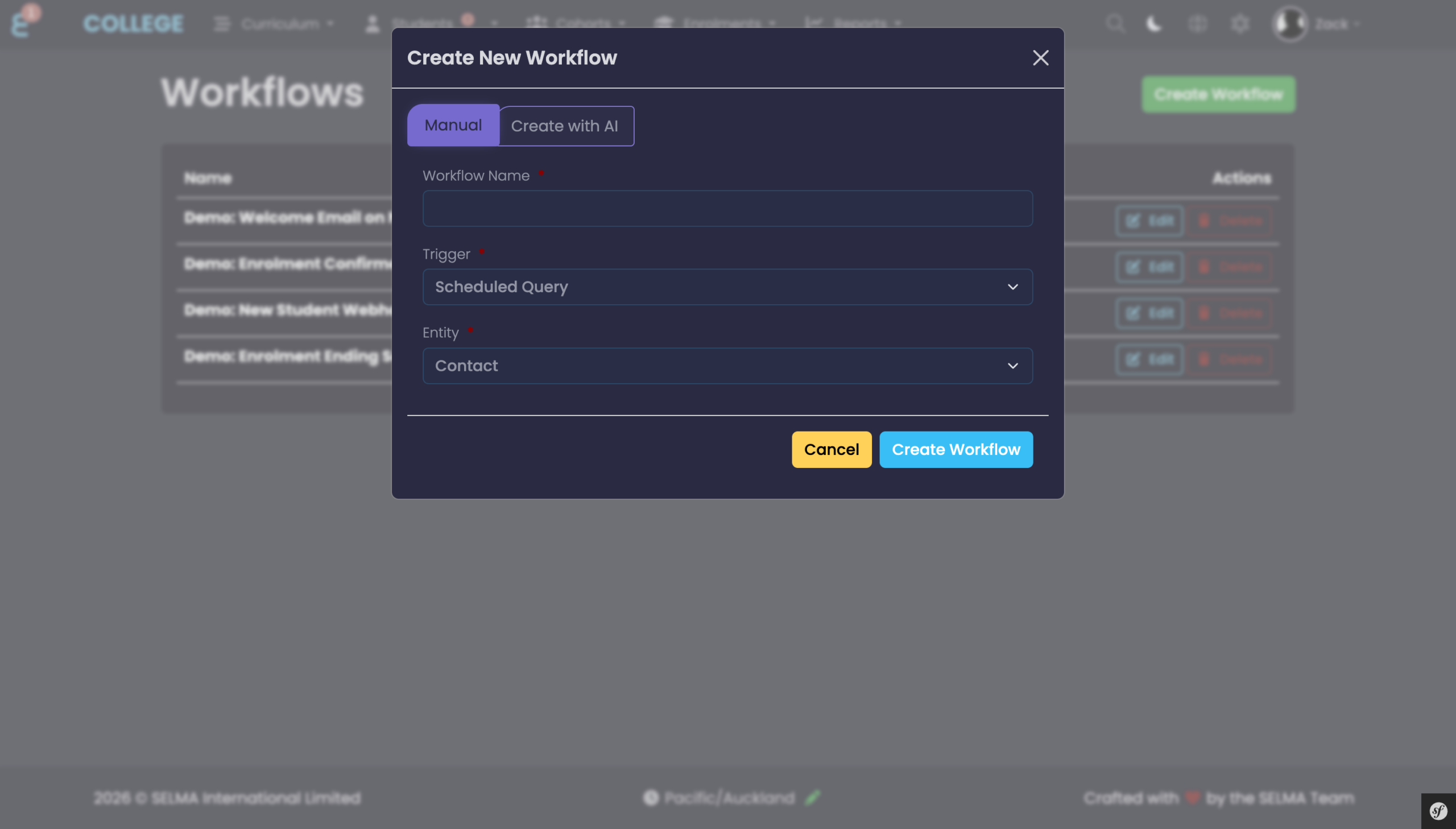 Create New Workflow modal showing the Entity dropdown for Scheduled Query triggers