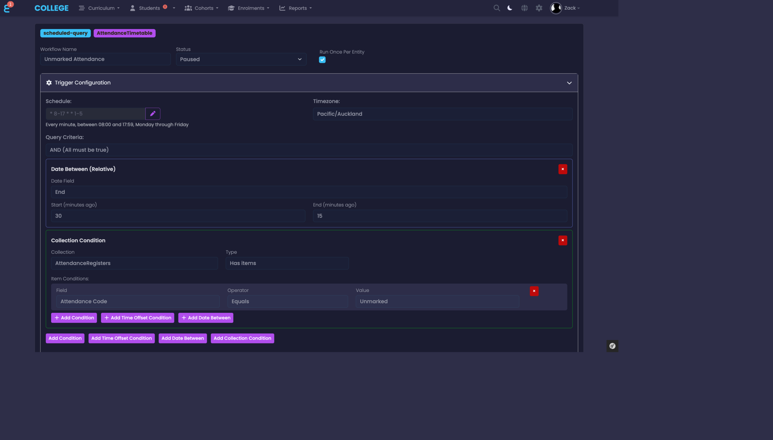Scheduled Query trigger configuration showing schedule, timezone, and query criteria with multiple condition types