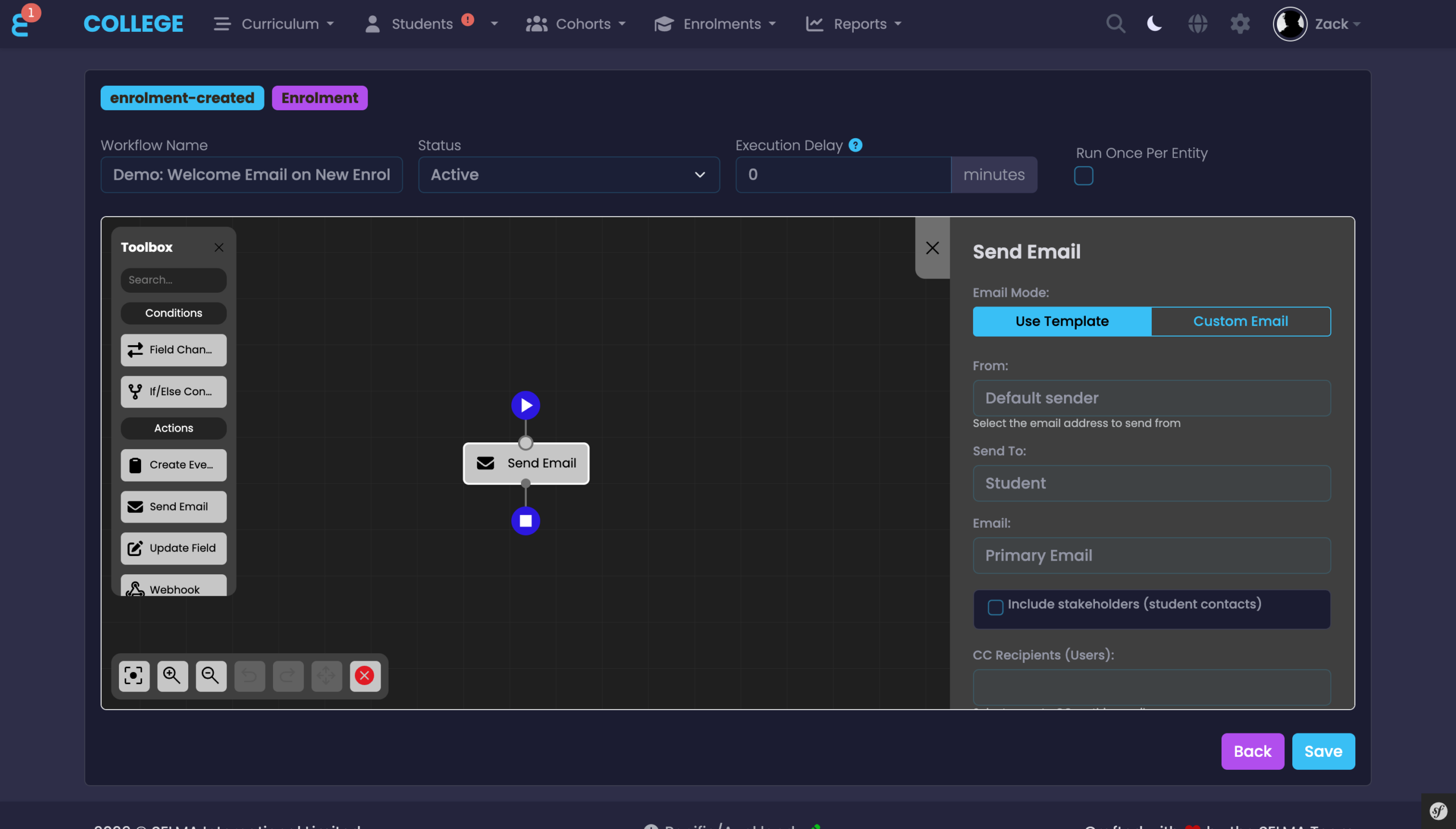 Send Email action properties showing template mode, from address, recipient, and CC options
