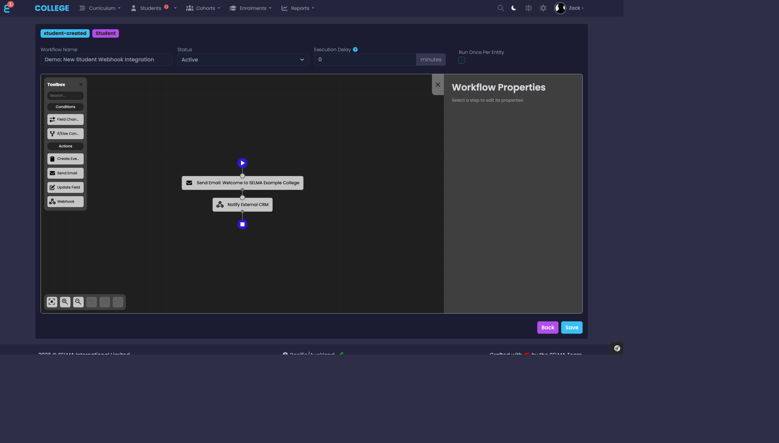 Workflow with a Send Email step followed by a Webhook step
