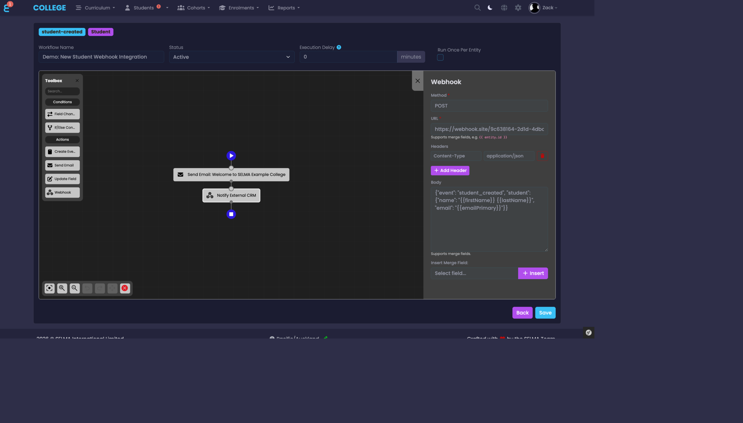 Webhook action properties showing URL, method, headers, and body with merge fields