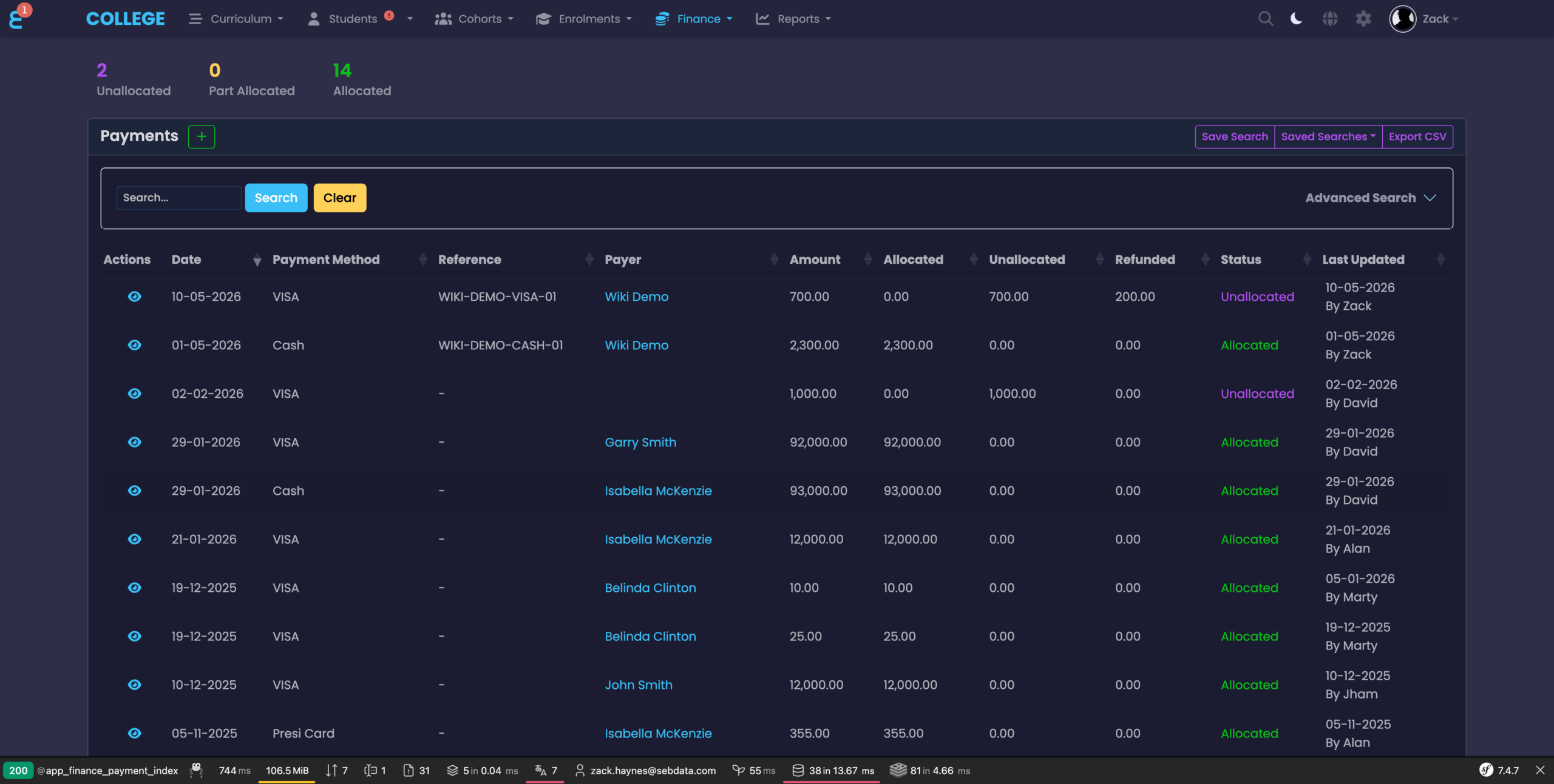 Payments index with status counters and Refunded column