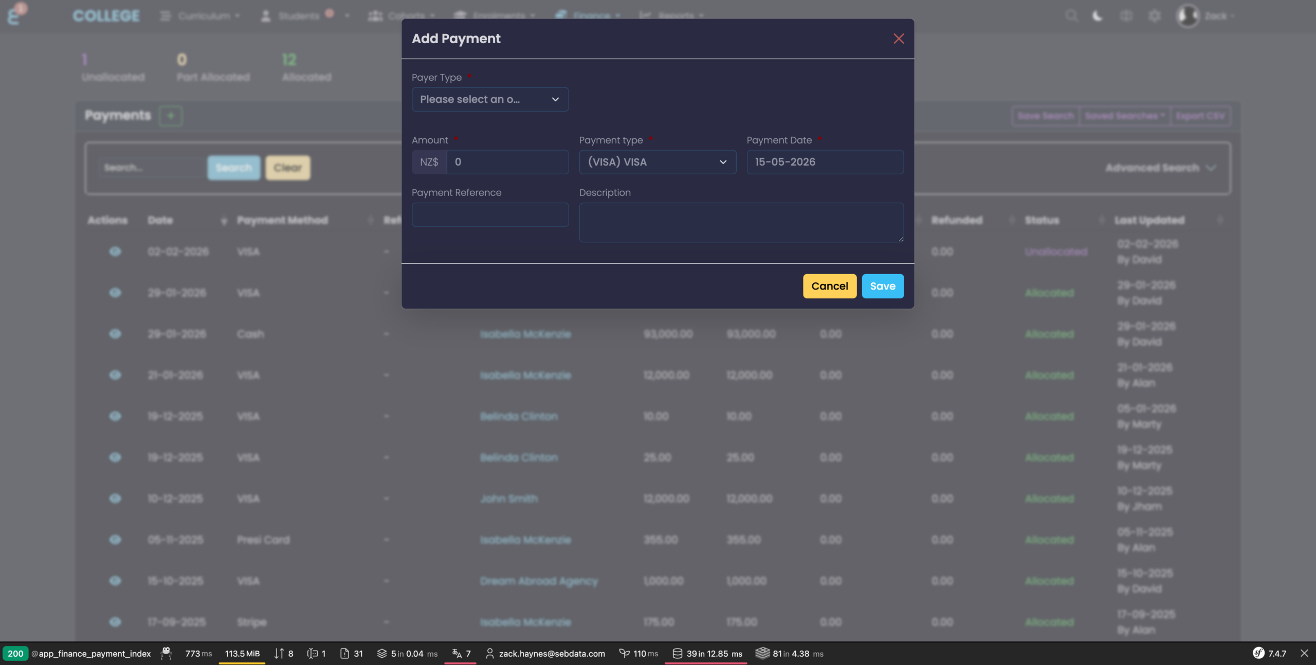Add Payment modal opened from the Payments index