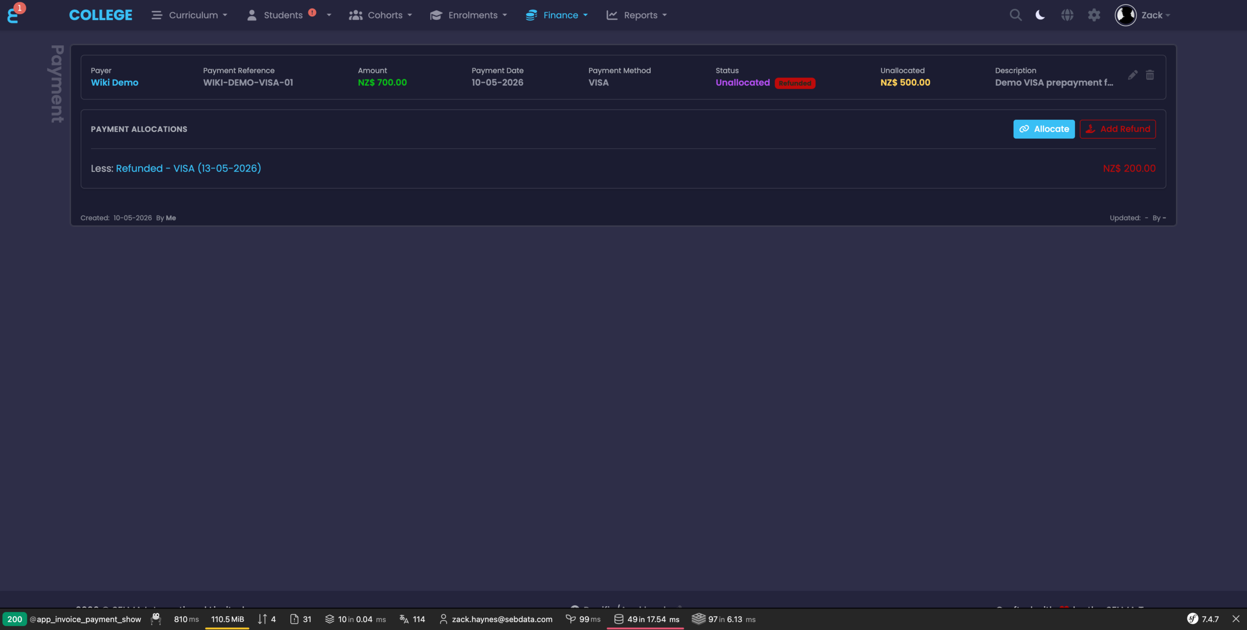 Payment detail page with refund applied