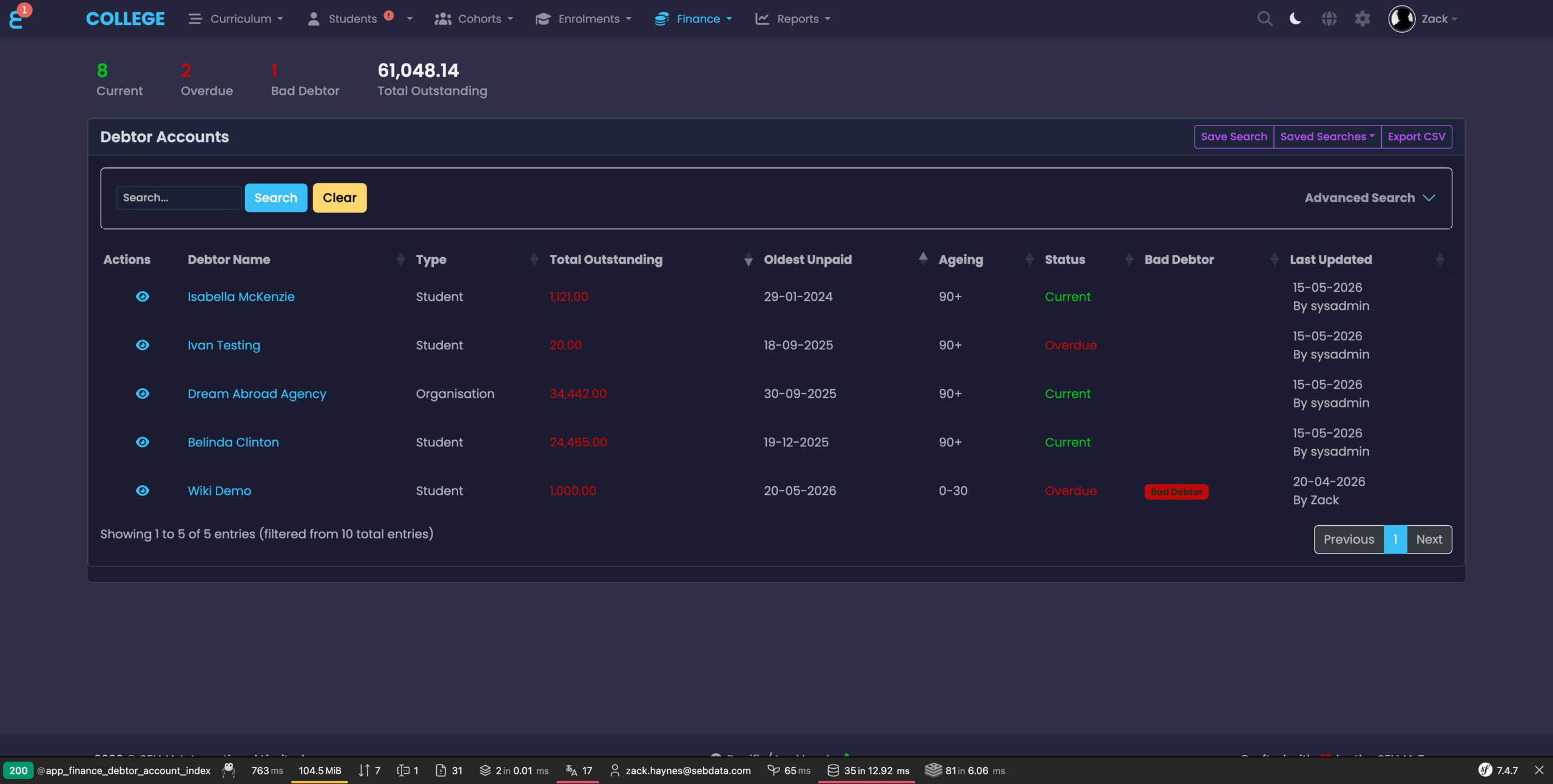 Debtor Accounts index