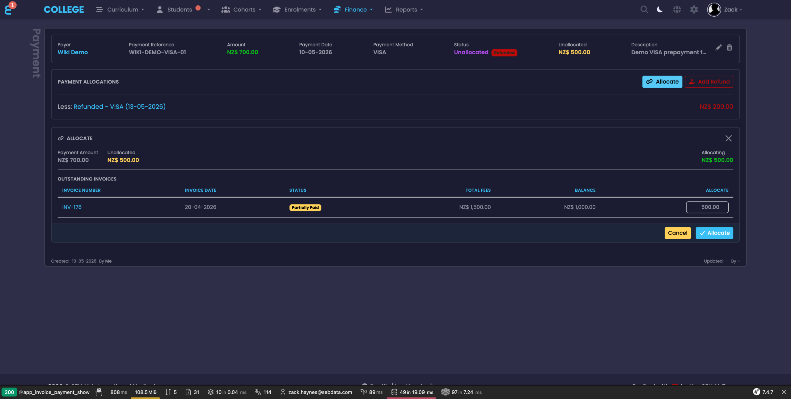 Allocate Payment panel
