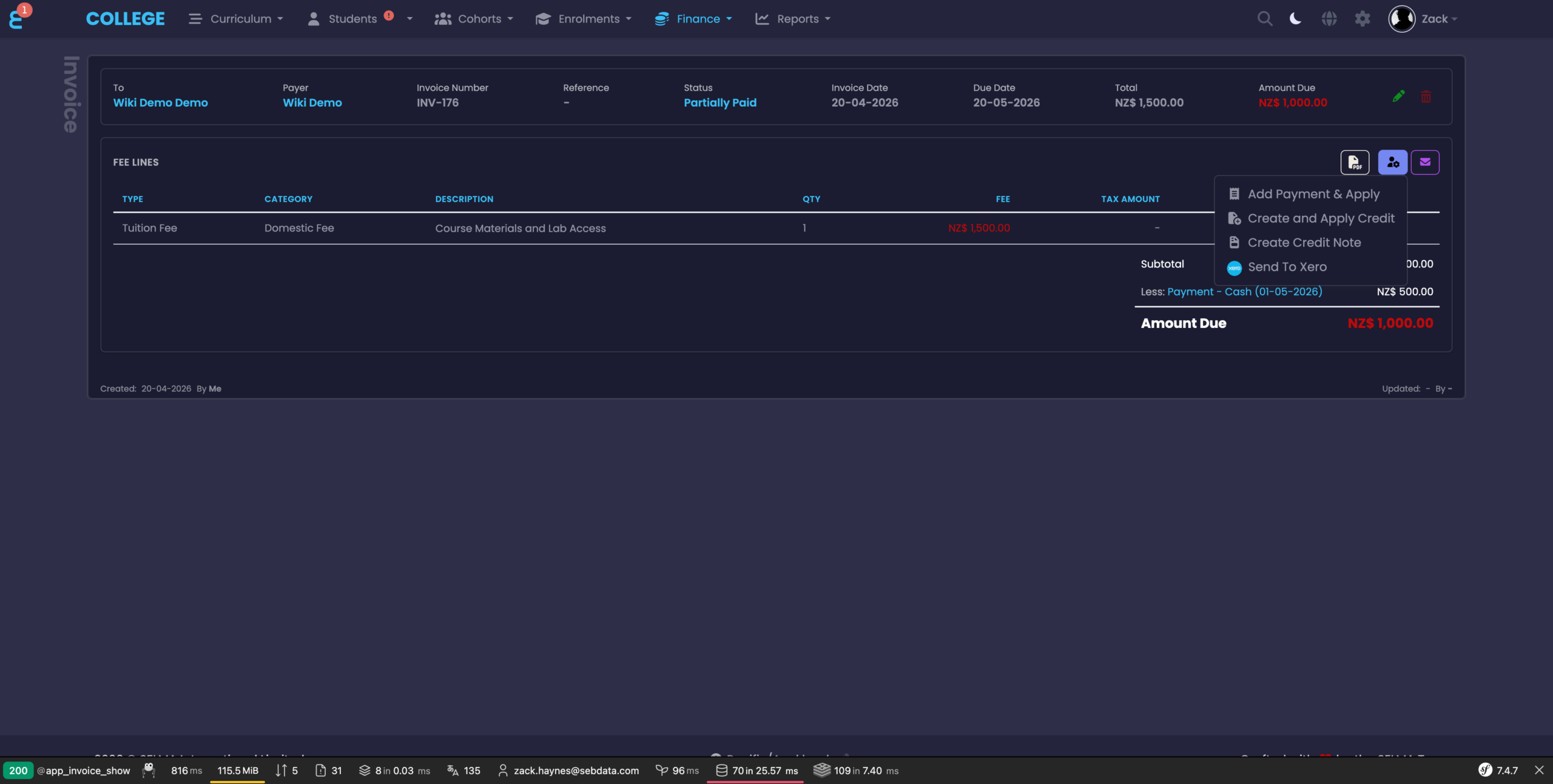 Invoice actions menu showing Add Payment & Apply, Create and Apply Credit, Create Credit Note